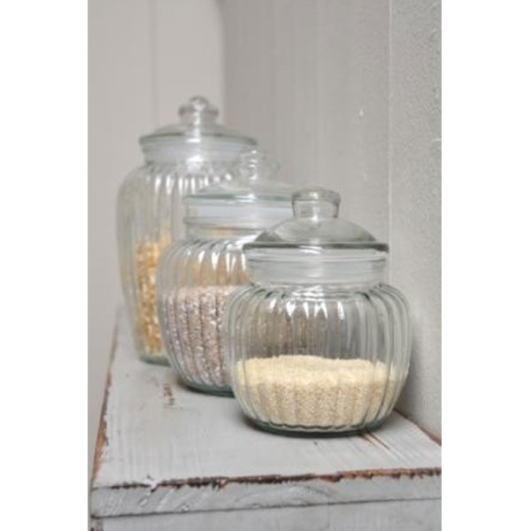 Small Decorative Ribbed Glass Jar With Lid For Cookie Sweet By Ib