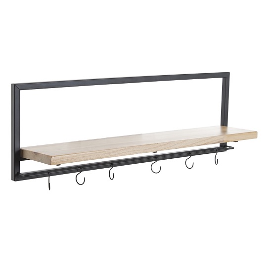 Large Black Natural Wood Wall Storage Shelf With 6 Metal Hooks By Tobs Ebay