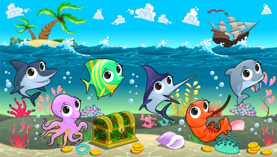 Funny marine animals in the sea with galleon