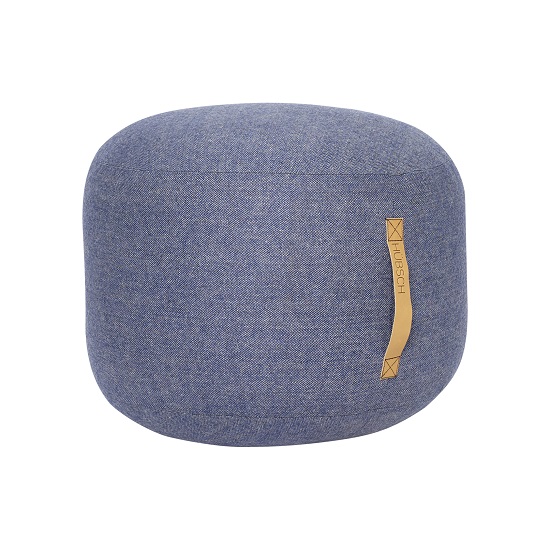 round-blue-herringbone-wool-pouf-with-leather-handle-strap-by-hubsch