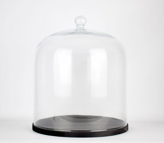 Large Handmade Display Glass Cake Cupcake Dome Cover Cloche with Black Wooden Base 36.5 cm